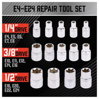 14Pc E Torx Socket Set Female Start Bit External Hex Torque E4-E24 With Case Kings Warehouse