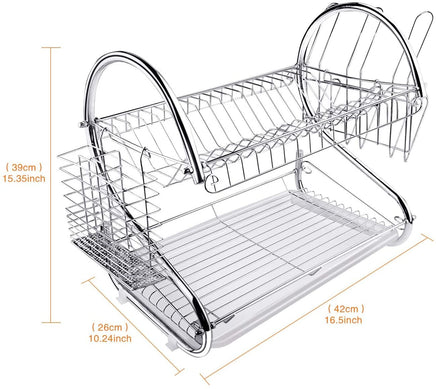 2 Tier Dish Rack with Drain Board for Kitchen Counter and Plated Chrome Dish Dryer Silver 42 x 25,5 x 38 cm Kings Warehouse