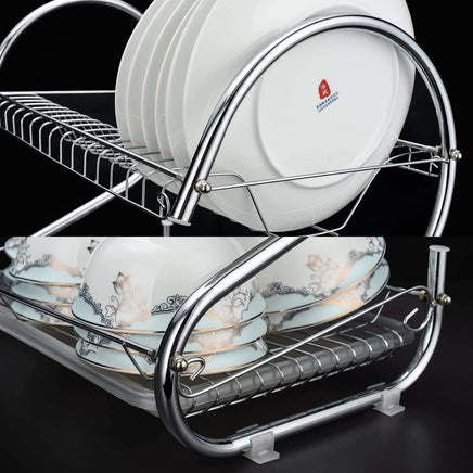 2 Tier Dish Rack with Drain Board for Kitchen Counter and Plated Chrome Dish Dryer Silver 42 x 25,5 x 38 cm Kings Warehouse