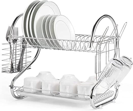 2 Tier Dish Rack with Drain Board for Kitchen Counter and Plated Chrome Dish Dryer Silver 42 x 25,5 x 38 cm Kings Warehouse