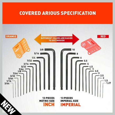 26Pc Allen Wrench Set Ball End Long Arm Hex Key Metric & Imperial With Holders Kings Warehouse