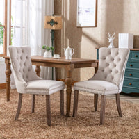 2x Velvet Dining Chairs Upholstered Tufted Kithcen Chair with Solid Wood Legs Stud Trim and Ring-Beige dining KingsWarehouse