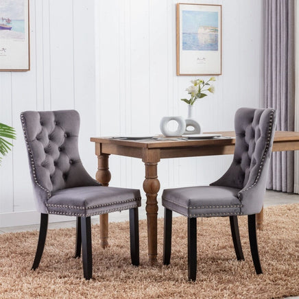 2x Velvet Dining Chairs Upholstered Tufted Kithcen Chair with Solid Wood Legs Stud Trim and Ring-Gray dining Kings Warehouse