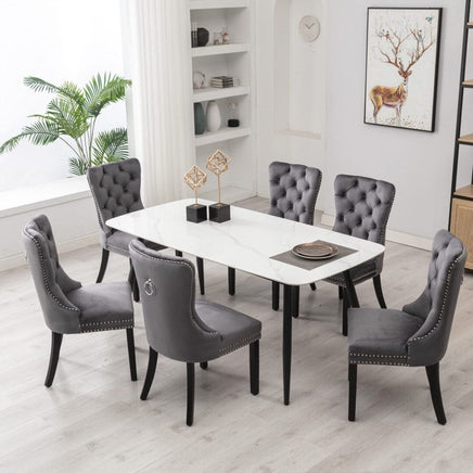 2x Velvet Dining Chairs Upholstered Tufted Kithcen Chair with Solid Wood Legs Stud Trim and Ring-Gray dining Kings Warehouse