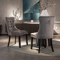 2x Velvet Dining Chairs Upholstered Tufted Kithcen Chair with Solid Wood Legs Stud Trim and Ring-Gray dining Kings Warehouse