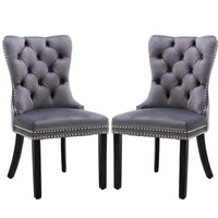 2x Velvet Dining Chairs Upholstered Tufted Kithcen Chair with Solid Wood Legs Stud Trim and Ring-Gray dining Kings Warehouse