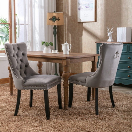 2x Velvet Dining Chairs Upholstered Tufted Kithcen Chair with Solid Wood Legs Stud Trim and Ring-Gray dining Kings Warehouse