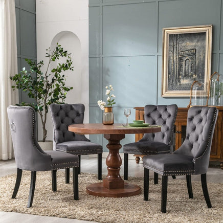 2x Velvet Dining Chairs Upholstered Tufted Kithcen Chair with Solid Wood Legs Stud Trim and Ring-Gray dining Kings Warehouse