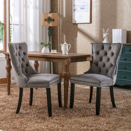 2x Velvet Dining Chairs Upholstered Tufted Kithcen Chair with Solid Wood Legs Stud Trim and Ring-Gray dining Kings Warehouse