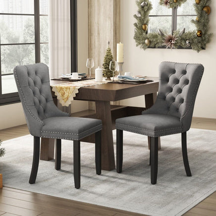 2x Velvet Dining Chairs Upholstered Tufted Kithcen Chair with Solid Wood Legs Stud Trim and Ring-Gray dining Kings Warehouse