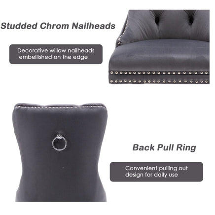 2x Velvet Dining Chairs Upholstered Tufted Kithcen Chair with Solid Wood Legs Stud Trim and Ring-Gray dining Kings Warehouse