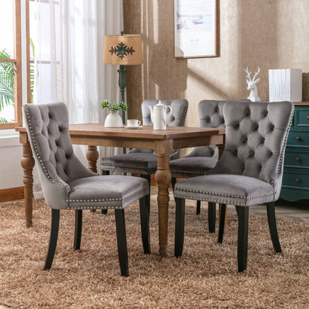 2x Velvet Dining Chairs Upholstered Tufted Kithcen Chair with Solid Wood Legs Stud Trim and Ring-Gray dining Kings Warehouse