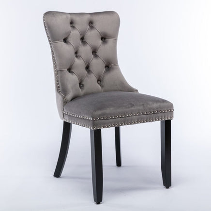 2x Velvet Dining Chairs Upholstered Tufted Kithcen Chair with Solid Wood Legs Stud Trim and Ring-Gray dining Kings Warehouse
