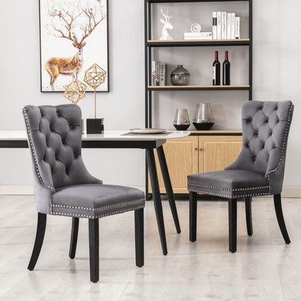 2x Velvet Dining Chairs Upholstered Tufted Kithcen Chair with Solid Wood Legs Stud Trim and Ring-Gray dining Kings Warehouse