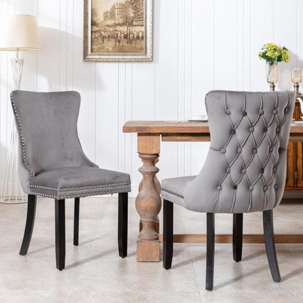 2x Velvet Upholstered Dining Chairs Tufted Wingback Side Chair with Studs Trim Solid Wood Legs for Kitchen Kings Warehouse