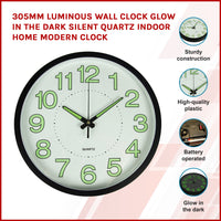 305mm Luminous Wall Clock Glow In The Dark Silent Quartz Indoor Home Modern Clock living room KingsWarehouse