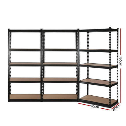 3x1.8M 5-Shelves Steel Warehouse Shelving Racking Garage Storage Rack Black Kings Warehouse