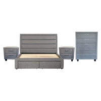 4 Pieces Storage Bedroom Suite Upholstery Fabric in Light Grey with Base Drawers King Size Oak Colour Bed, Bedside Table & Tallboy