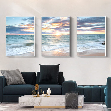 40cmx60cm Sunrise by the ocean 3 Sets White Frame Canvas Wall Art Kings Warehouse