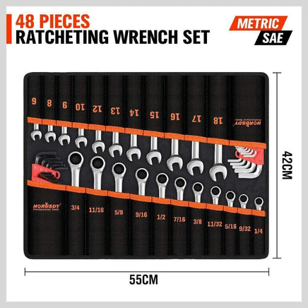 48-Piece Ratchet Wrench Set with Rolling Pouch - Metric SAE Allen Key & Hex Key Spanner Kit Kings Warehouse