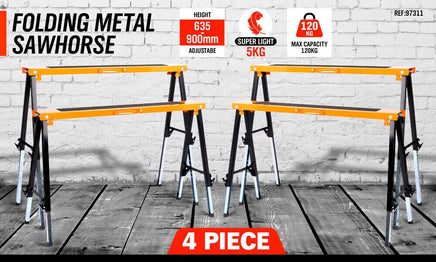 4Pc Mastercraft Sawhorse Metal Folding Non-slip Surface Saw Horse 120KG Capacity Kings Warehouse