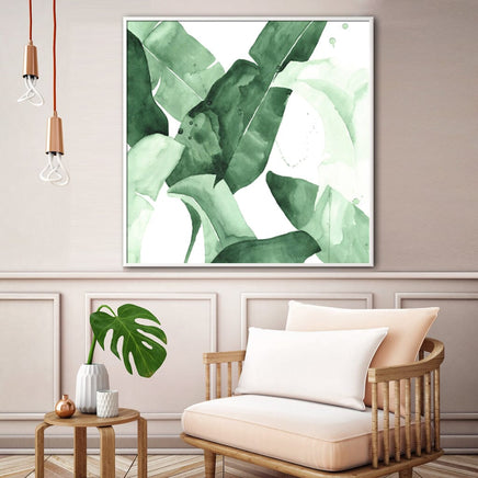 60cmx60cm Tropical Leaves Square Size White Frame Canvas Wall Art Kings Warehouse