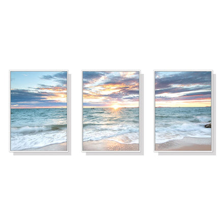 60cmx90cm Sunrise by the ocean 3 Sets White Frame Canvas Wall Art Kings Warehouse