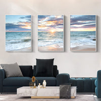 60cmx90cm Sunrise by the ocean 3 Sets White Frame Canvas Wall Art Kings Warehouse