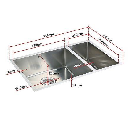 715x440mm Handmade Stainless Steel Undermount / Topmount Kitchen Sink with Waste Kings Warehouse