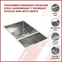 715x440mm Handmade Stainless Steel Undermount / Topmount Kitchen Sink with Waste Kings Warehouse