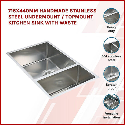 715x440mm Handmade Stainless Steel Undermount / Topmount Kitchen Sink with Waste Kings Warehouse
