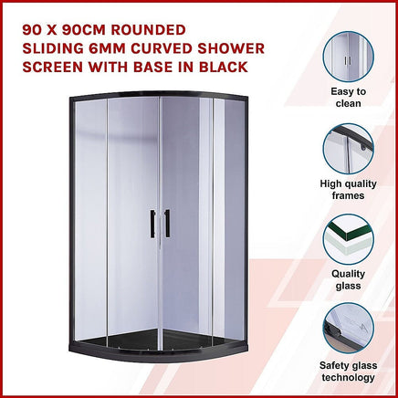 90 x 90cm Rounded Sliding 6mm Curved Shower Screen with Base in Black Kings Warehouse