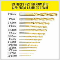 99Pc Drills Set HSS Titanium Coated Wood Plastic Metal Metric 1.5-10mm With Case Kings Warehouse