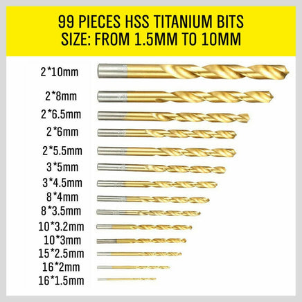 99Pc Drills Set HSS Titanium Coated Wood Plastic Metal Metric 1.5-10mm With Case Kings Warehouse