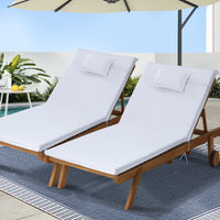 2pc Sun Lounge Wooden Lounger Outdoor Furniture Day Bed Wheel Patio White