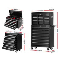 Tool Chest and Trolley Box Cabinet 16 Drawers Cart Garage Storage Black