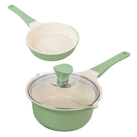 Sauce Pot Frying Pan w/ a Lid Set Non-Stick Stone Induction IH Frypan 16cm OLIVE