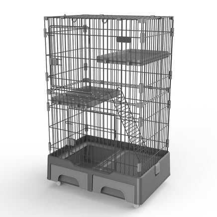 YES4PETS 134 cm Grey Pet 3 Level Cat Cage House With Litter Tray And Storage Box