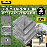 Handy Hardware 3PCE 130GSM Grey Tarpaulin UV Resistant Waterproof 5.4 x 5.4m