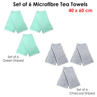 Set of 6 Microfibre Striped Tea Towels Charcoal