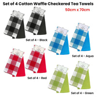 Set of 4 Cotton Waffle Checkered & Plain Dyed Tea Towels 50cm x 70cm Aqua