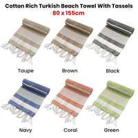 Cotton Rich Large Turkish Beach Towel with Tassels 80cm x 155cm Brown