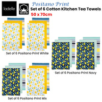 Ladelle Set of 6 Positano Cotton Kitchen Tea Towels 50 x 70 cm White