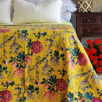 Mustard Peony Kantha Bedspread Coverlet - Mustard (King - 228 cm x 274 cm)
