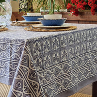 Kolka Lotus Handle Block-Printed Simple Dining Table Tablecloth - Grey
