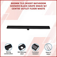 900mm Tile Insert Bathroom Shower Black Grate Drain w/Centre outlet Floor Waste