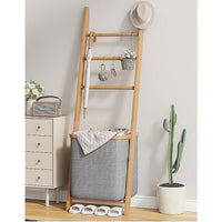 Wall Leaning Ladder Shelf with Laundry Basket Clothes Hamper Bath Towel Rack in Grey