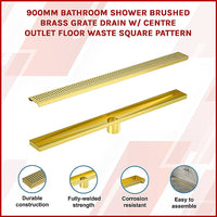 900mm Bathroom Shower Brushed Brass Grate Drain w/ Centre outlet Floor Waste Square Pattern