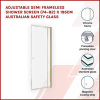 Adjustable Semi Frameless Shower Screen (74~82) x 195cm Australian Safety Glass Kings Warehouse