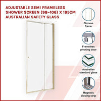Adjustable Semi Frameless Shower Screen (98~106) x 195cm Australian Safety Glass Kings Warehouse